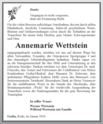 Traueranzeige von Annemarie Wettstein von Ostthüringer Zeitung, Thüringische Landeszeitung