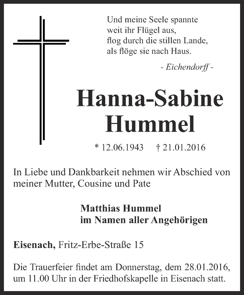  Traueranzeige für Hanna-Sabine Hummel vom 27.01.2016 aus Thüringer Allgemeine, Thüringische Landeszeitung