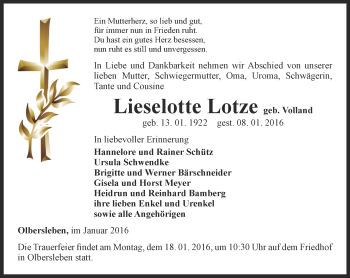 Traueranzeige von Lieselotte Lotze von Thüringer Allgemeine