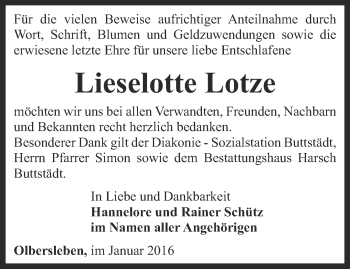 Traueranzeige von Lieselotte Lotze von Thüringer Allgemeine