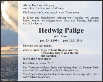 Traueranzeige von Hedwig Palige von Thüringer Allgemeine