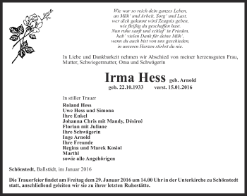 Traueranzeige von Irma Hess von Ostthüringer Zeitung, Thüringische Landeszeitung