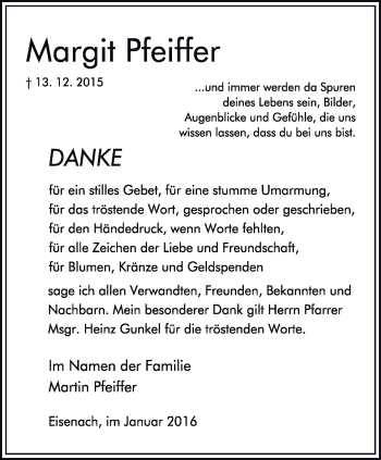 Traueranzeige von Margit Pfeiffer von Thüringer Allgemeine, Thüringische Landeszeitung