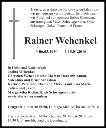 Traueranzeige von Rainer Wehenkel von Thüringer Allgemeine, Thüringische Landeszeitung
