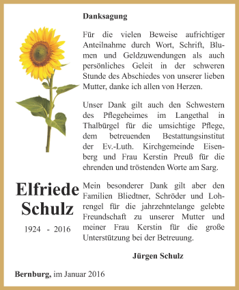 Traueranzeige von Elfriede Schulz von Ostthüringer Zeitung
