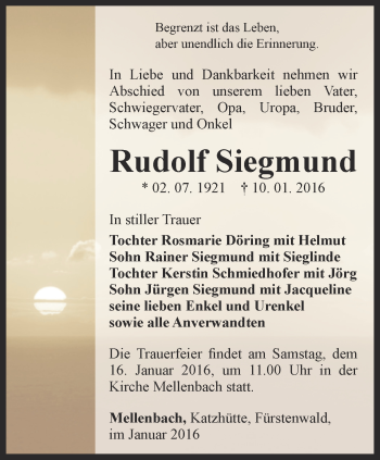 Traueranzeige von Rudolf Siegmund von Ostthüringer Zeitung