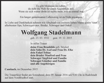 Traueranzeige von Wolfgang Stadelmann von Ostthüringer Zeitung