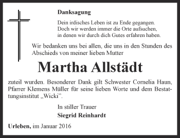 Traueranzeige von Martha Allstädt von Thüringer Allgemeine, Thüringische Landeszeitung