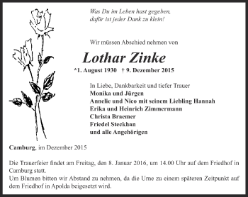 Traueranzeige von Lothar Zinke von Ostthüringer Zeitung, Thüringische Landeszeitung