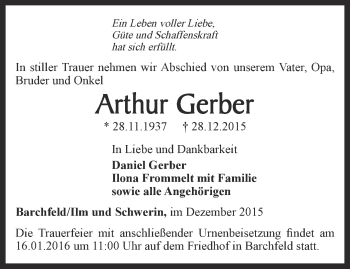 Traueranzeige von Arthur Gerber von Thüringer Allgemeine, Thüringische Landeszeitung