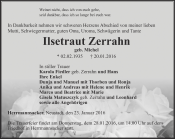 Traueranzeige von Ilsetraut Zerrahn von Thüringer Allgemeine