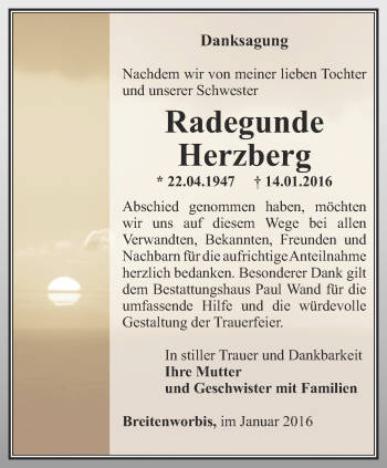 Traueranzeige von Radegunde Herzberg von Thüringer Allgemeine