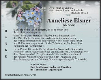 Traueranzeige von Anneliese Elsner von Thüringer Allgemeine