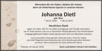 Traueranzeige von Johanna Dietl von Ostthüringer Zeitung