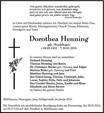 Traueranzeige von Dorothea Henning von Thüringer Allgemeine, Thüringische Landeszeitung