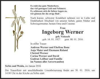 Traueranzeige von Ingeborg Werner