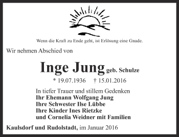 Traueranzeige von Inge Jung von Ostthüringer Zeitung