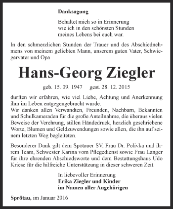 Traueranzeige von Hans-Georg Ziegler von Thüringer Allgemeine