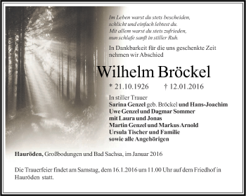Traueranzeige von Wilhelm Bröckel von Thüringer Allgemeine