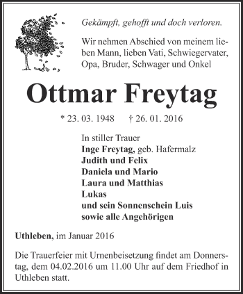 Traueranzeige von Ottmar Freytag von Thüringer Allgemeine