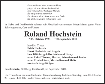 Traueranzeige von Roland Hochstein von Thüringer Allgemeine