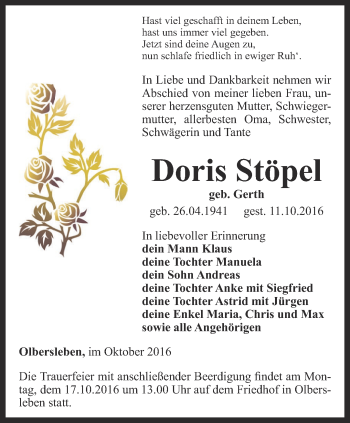 Traueranzeige von Doris Stöpel von Thüringer Allgemeine