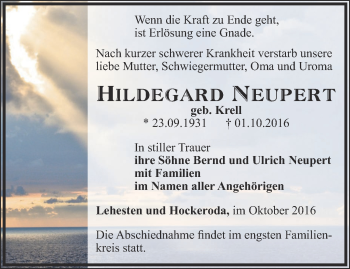 Traueranzeige von Hildegard Neupert von Ostthüringer Zeitung