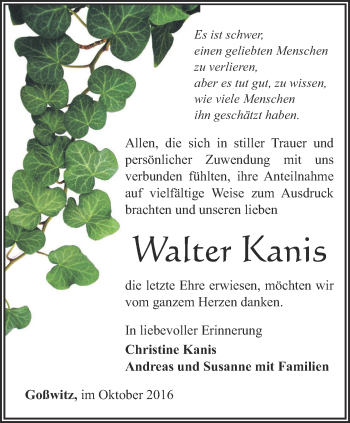 Traueranzeige von Walter Kanis von Ostthüringer Zeitung