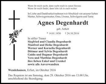 Traueranzeige von Agnes Degenhardt von Thüringer Allgemeine, Thüringische Landeszeitung