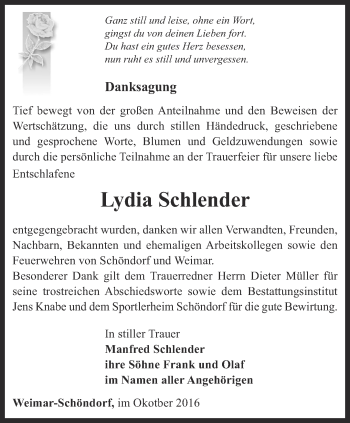 Traueranzeige von Lydia Schlender von Thüringer Allgemeine, Thüringische Landeszeitung