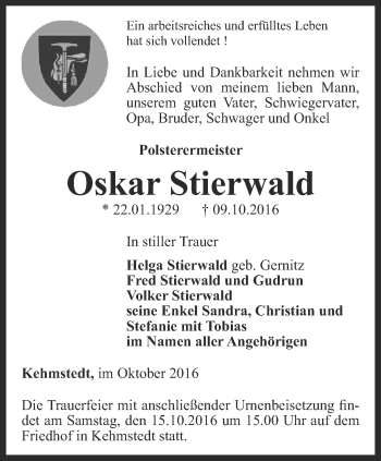 Traueranzeige von Oskar Stierwald von Thüringer Allgemeine