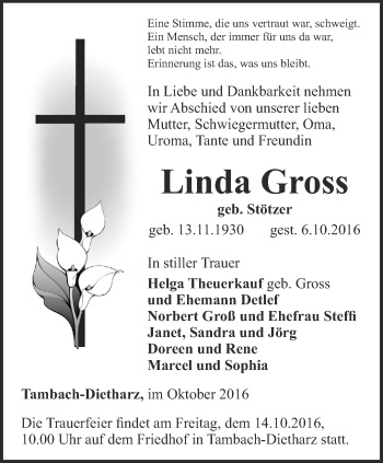 Traueranzeige von Linda Gross von Ostthüringer Zeitung, Thüringische Landeszeitung