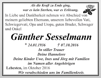 Traueranzeige von Günther Sesselmann von Ostthüringer Zeitung