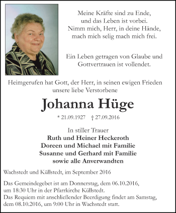 Traueranzeige von Johanna Hüge von Thüringer Allgemeine