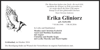 Traueranzeige von Erika Gliniorz von Ostthüringer Zeitung