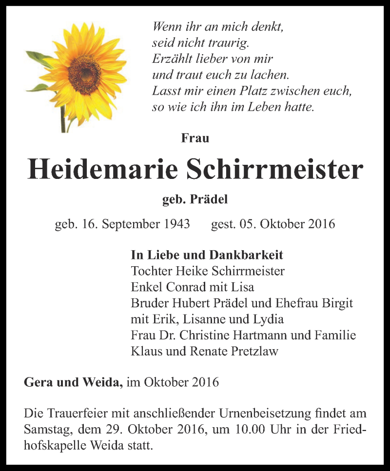  Traueranzeige für Heidemarie Schirrmeister vom 08.10.2016 aus Ostthüringer Zeitung
