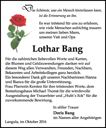 Traueranzeige von Lothar Bang von Thüringer Allgemeine, Thüringische Landeszeitung