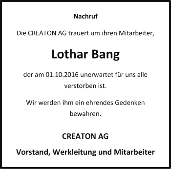 Traueranzeige von Lothar Bang von Thüringer Allgemeine, Thüringische Landeszeitung