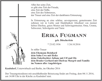 Traueranzeige von Erika Fugmann von Ostthüringer Zeitung