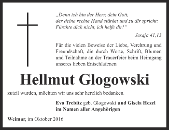 Traueranzeige von Hellmut Glogowski von Thüringer Allgemeine, Thüringische Landeszeitung