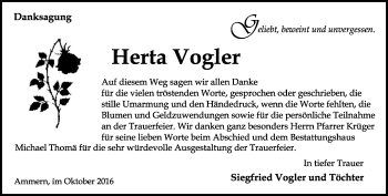 Traueranzeige von Herta Vogler von Thüringer Allgemeine, Thüringische Landeszeitung