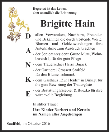 Traueranzeige von Brigitte Hain von Ostthüringer Zeitung