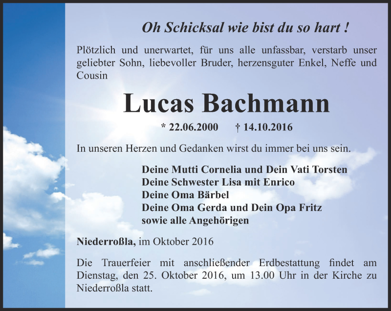  Traueranzeige für Lucas Bachmann vom 21.10.2016 aus Thüringer Allgemeine, Thüringische Landeszeitung