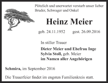 Traueranzeige von Heinz Meier von Thüringer Allgemeine, Thüringische Landeszeitung