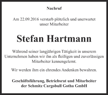 Traueranzeige von Stefan Hartmann von Ostthüringer Zeitung, Thüringische Landeszeitung