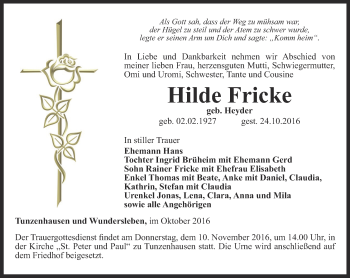 Traueranzeige von Hilde Fricke von Thüringer Allgemeine