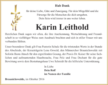 Traueranzeige von Karin Leithold von Ostthüringer Zeitung