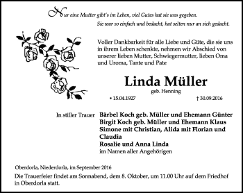 Traueranzeige von Linda Müller von Thüringer Allgemeine, Thüringische Landeszeitung