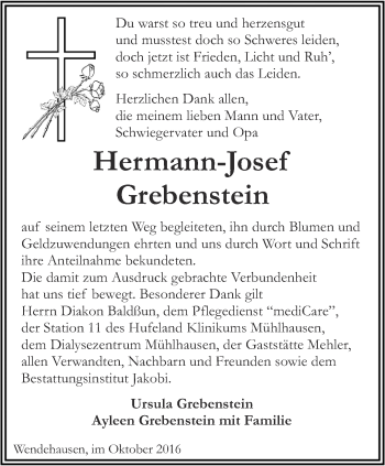 Traueranzeige von Hermann-Josef Grebenstein von Thüringer Allgemeine, Thüringische Landeszeitung