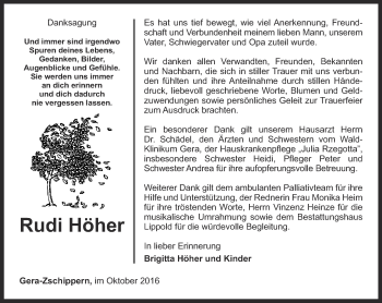 Traueranzeige von Rudi Höher von Ostthüringer Zeitung